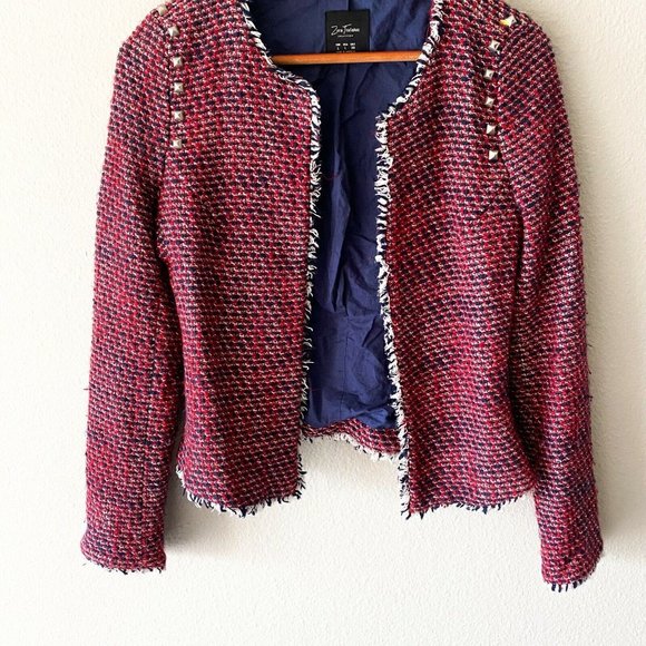 Zara Trafaluc red blue studded jacket frayed cotton acrylic L - Picture 3 of 9
